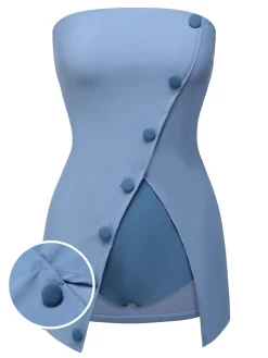 Clearance Retro Stage 1930s Solid Buttoned Bandeau Swimsuit Blue