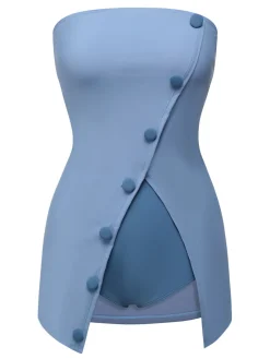 Clearance Retro Stage 1930s Solid Buttoned Bandeau Swimsuit Blue