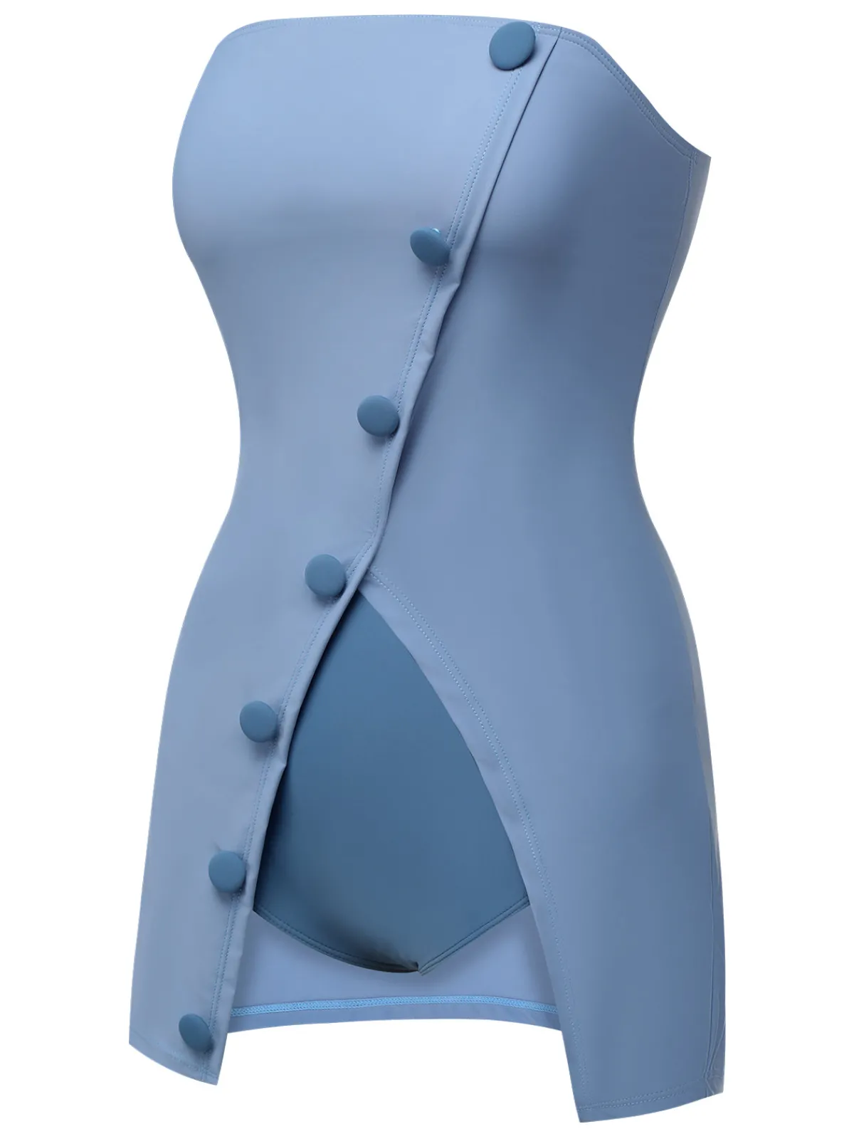 Clearance Retro Stage 1930s Solid Buttoned Bandeau Swimsuit Blue