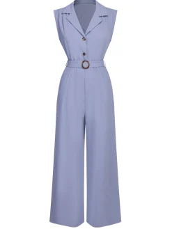Best Retro Stage 1950s Solid Cap Sleeves Lapel Jumpsuit Blue