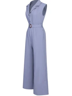 Best Retro Stage 1950s Solid Cap Sleeves Lapel Jumpsuit Blue