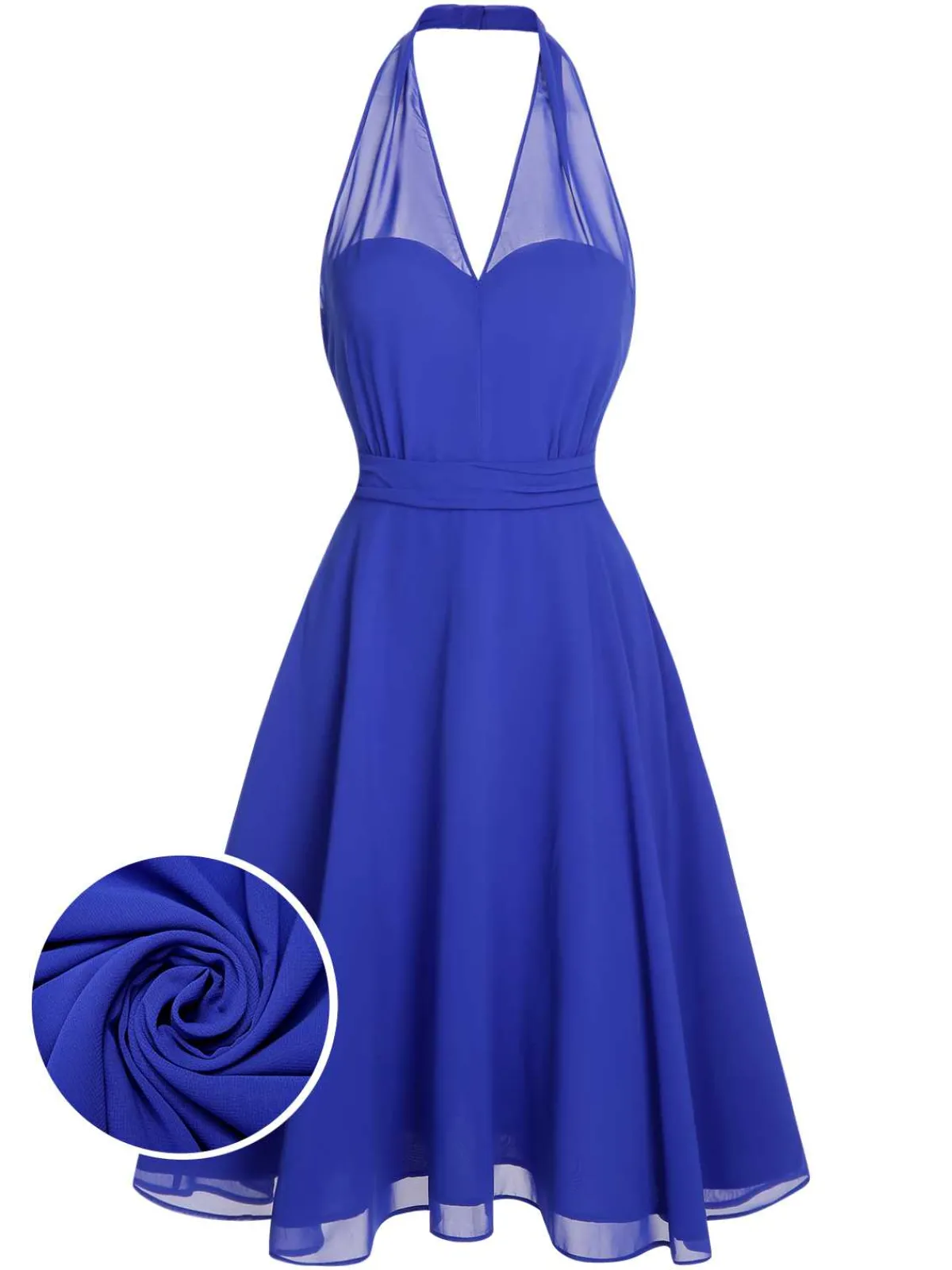 Discount Retro Stage 1950s Solid Chiffon Halter Dress Blue