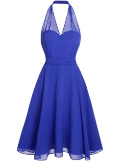 Discount Retro Stage 1950s Solid Chiffon Halter Dress Blue