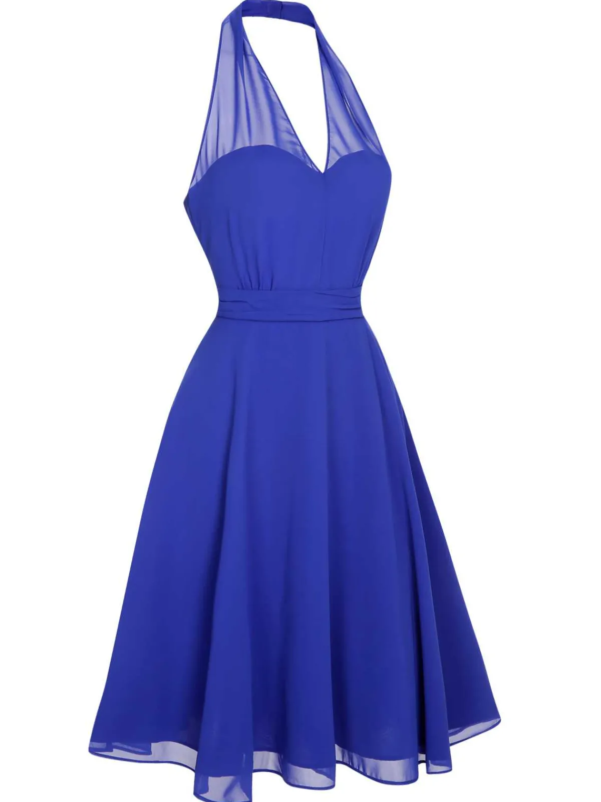Discount Retro Stage 1950s Solid Chiffon Halter Dress Blue