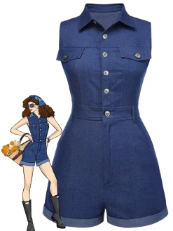 Online Retro Stage Blue 1970s Solid Cotton Sleeveless Denim Romper