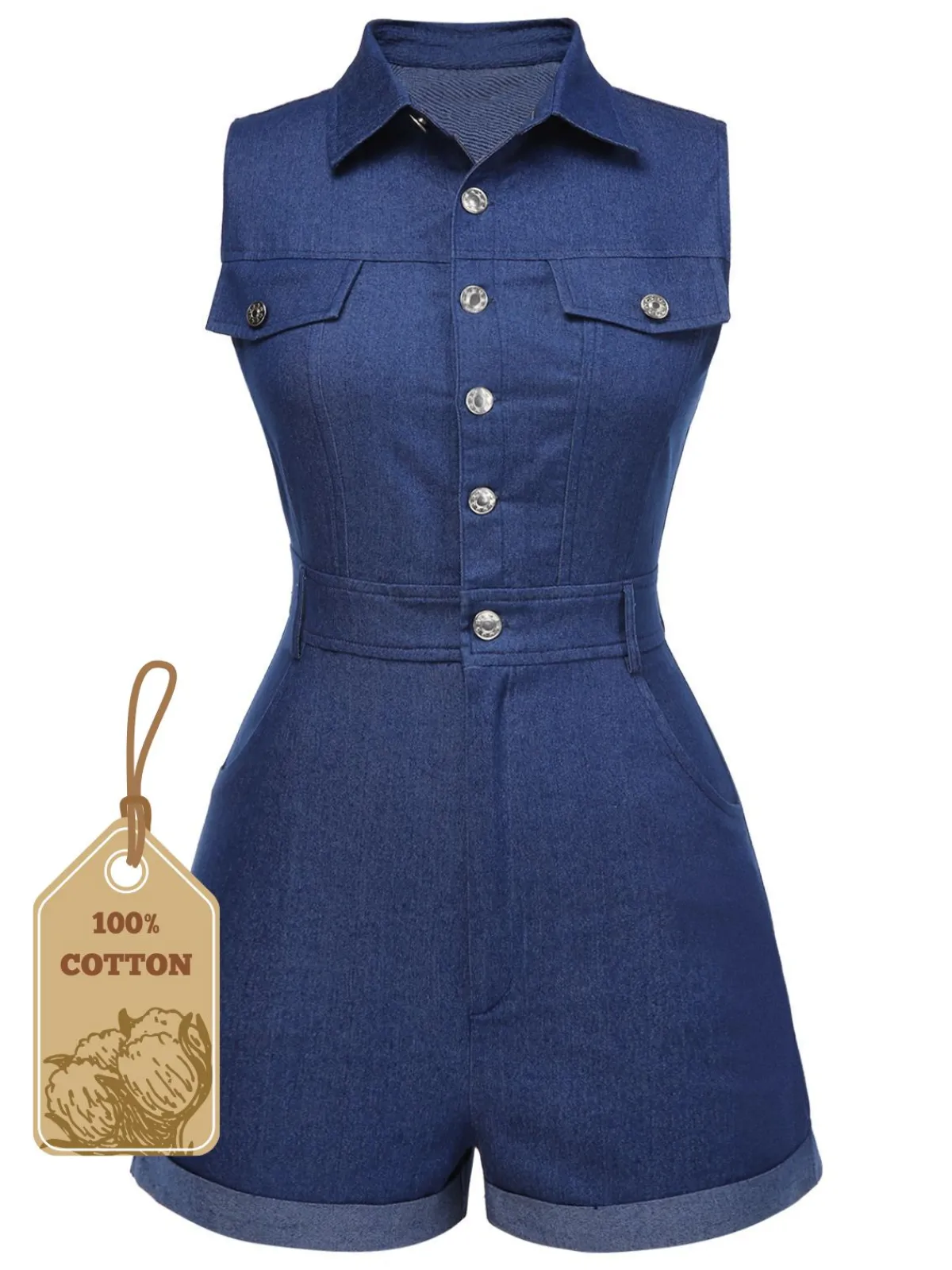 Online Retro Stage Blue 1970s Solid Cotton Sleeveless Denim Romper