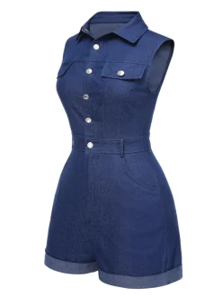 Online Retro Stage Blue 1970s Solid Cotton Sleeveless Denim Romper