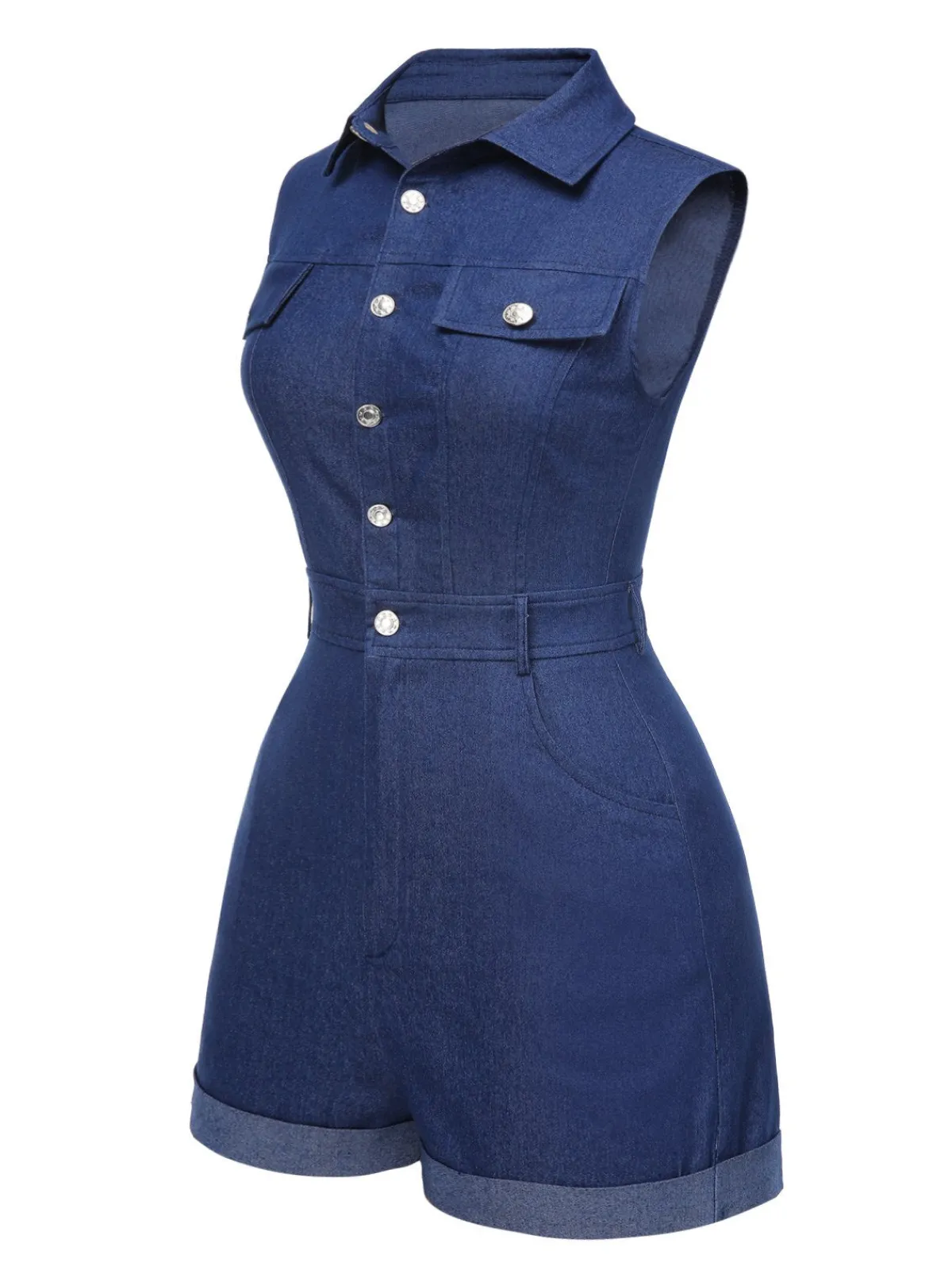 Online Retro Stage Blue 1970s Solid Cotton Sleeveless Denim Romper
