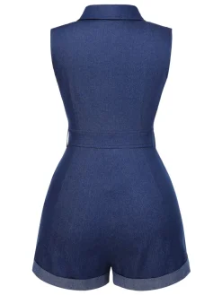Online Retro Stage Blue 1970s Solid Cotton Sleeveless Denim Romper