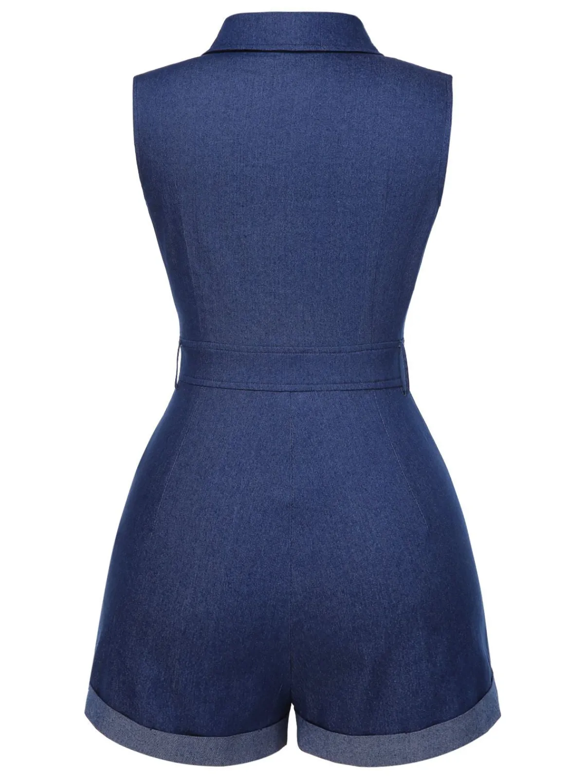 Online Retro Stage Blue 1970s Solid Cotton Sleeveless Denim Romper