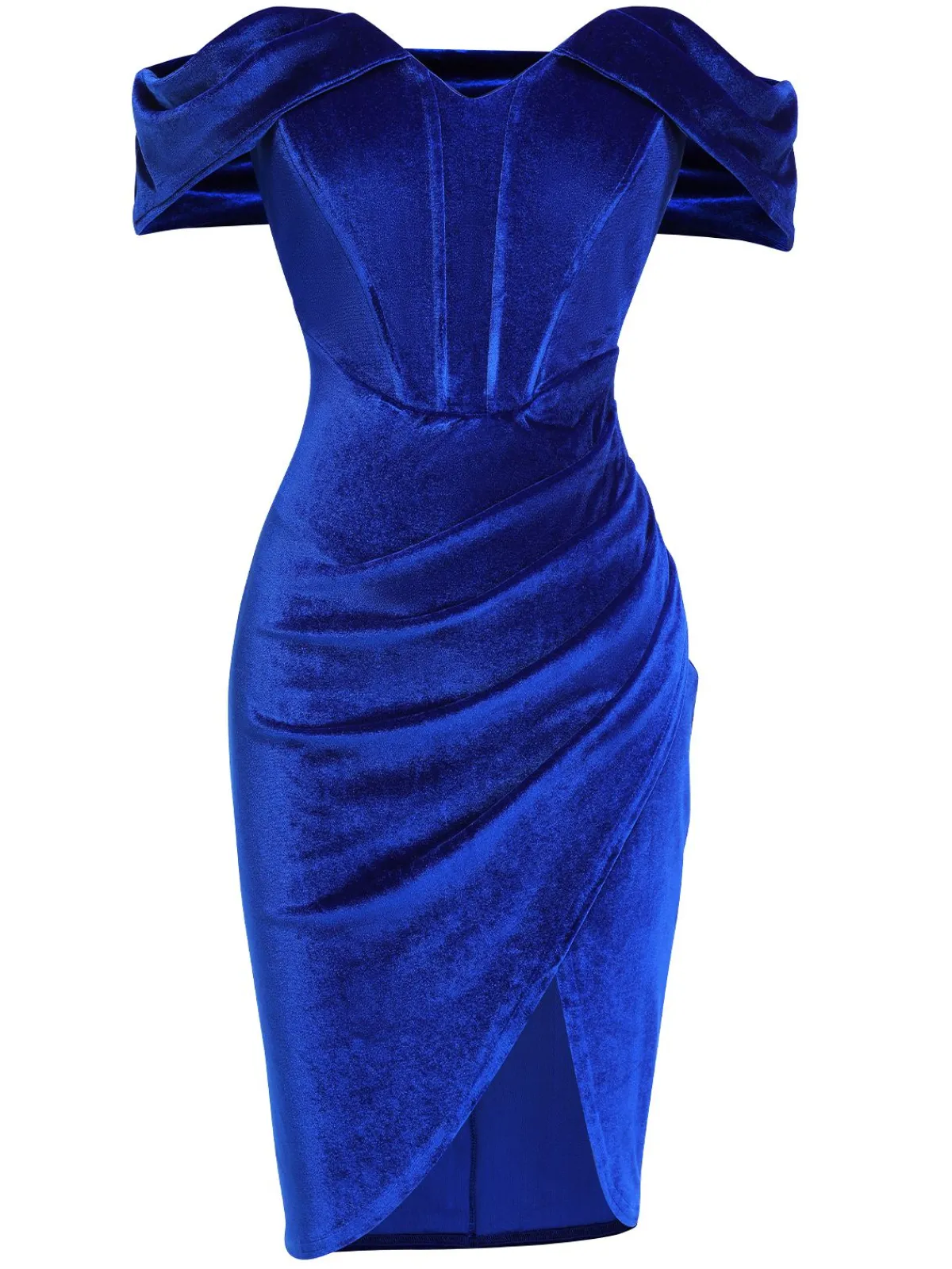 Best Retro Stage 1960s Solid Drop Shoulder Velvet Dress Blue
