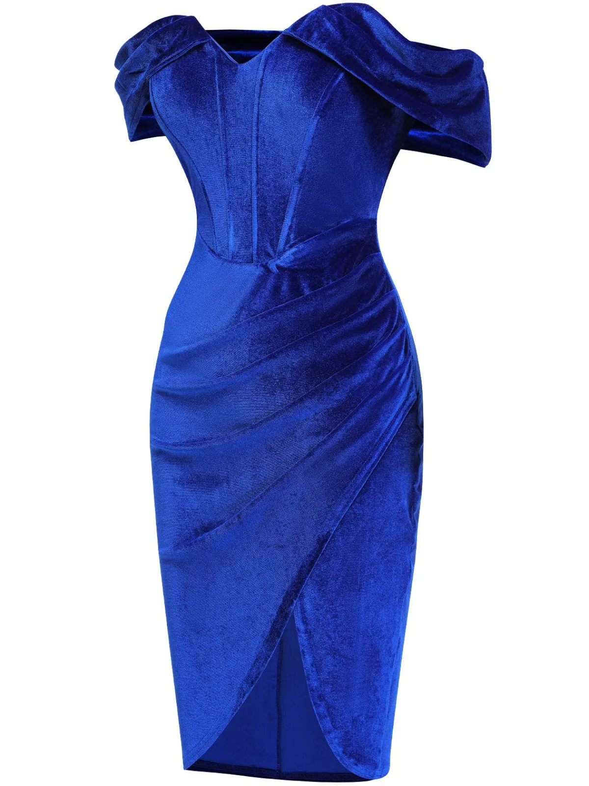 Best Retro Stage 1960s Solid Drop Shoulder Velvet Dress Blue
