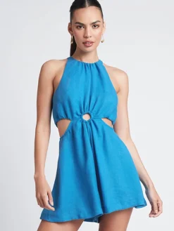 Sale Retro Stage 1970s Solid Hollow Sleeveless Romper Blue