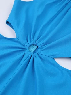 Sale Retro Stage 1970s Solid Hollow Sleeveless Romper Blue