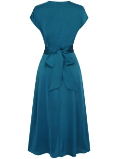 Best Retro Stage 1940s Solid Irregular Waist Dress Blue