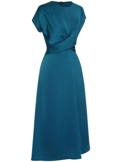 Best Retro Stage 1940s Solid Irregular Waist Dress Blue