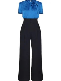 New Retro Stage 1930s Solid Lace-up Jumpsuit Blue