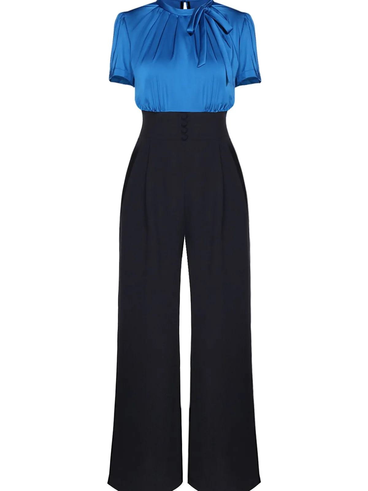 New Retro Stage 1930s Solid Lace-up Jumpsuit Blue