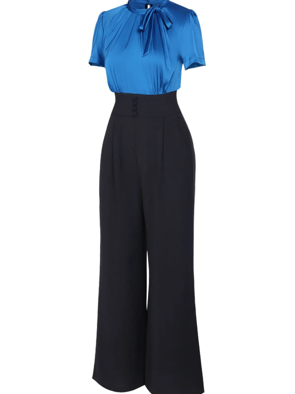 New Retro Stage 1930s Solid Lace-up Jumpsuit Blue