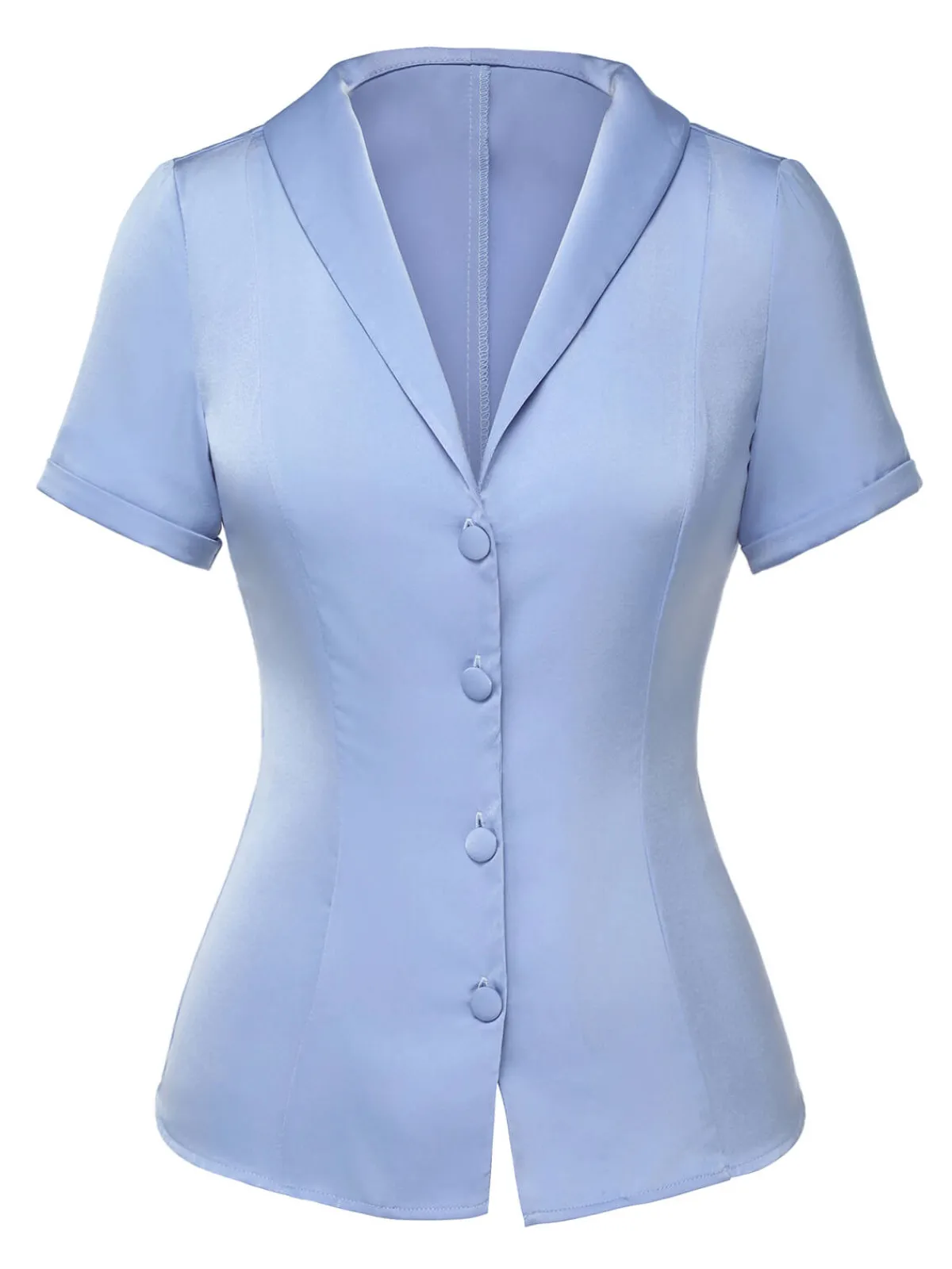 Fashion Retro Stage 1950s Solid Lapel Blouse Blue