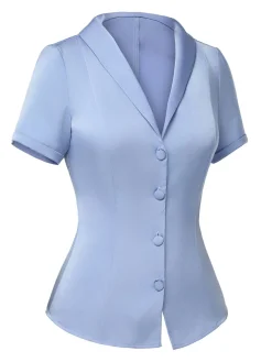 Fashion Retro Stage 1950s Solid Lapel Blouse Blue