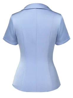 Fashion Retro Stage 1950s Solid Lapel Blouse Blue
