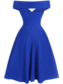 Sale Retro Stage 1950s Solid Off-Shoulder Dress Blue
