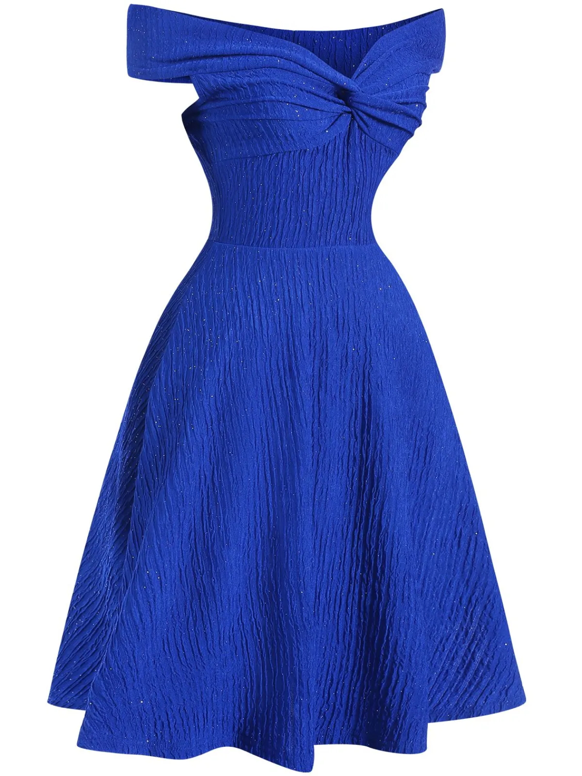 Sale Retro Stage 1950s Solid Off-Shoulder Dress Blue