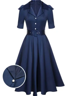 Discount Retro Stage 1940s Solid Short Sleeves Lapel Dress Blue