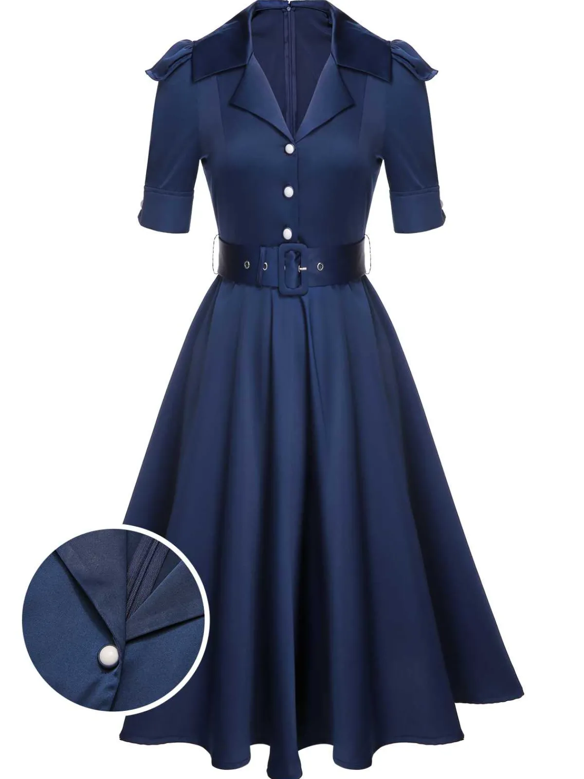 Discount Retro Stage 1940s Solid Short Sleeves Lapel Dress Blue
