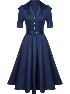 Discount Retro Stage 1940s Solid Short Sleeves Lapel Dress Blue
