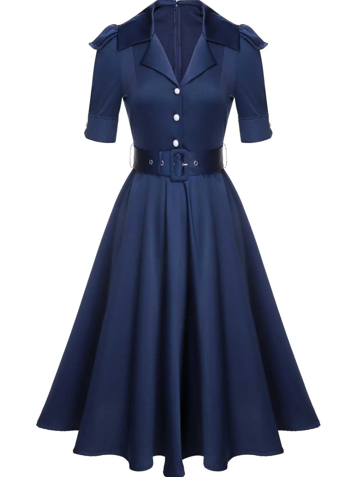 Discount Retro Stage 1940s Solid Short Sleeves Lapel Dress Blue