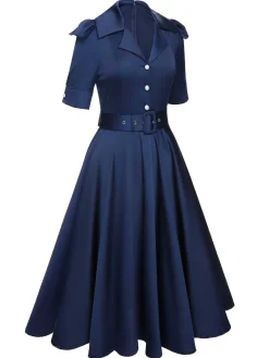 Discount Retro Stage 1940s Solid Short Sleeves Lapel Dress Blue