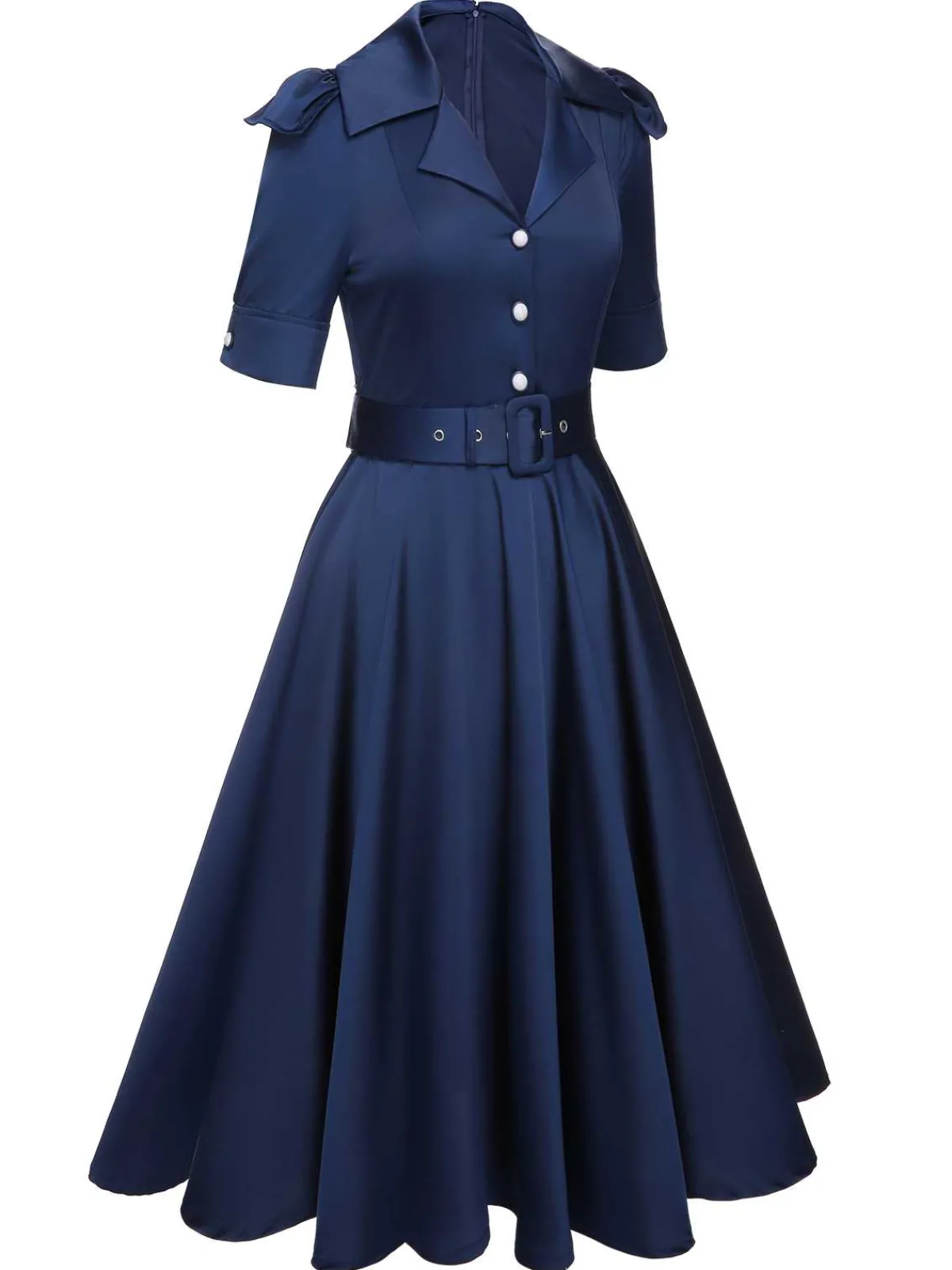 Discount Retro Stage 1940s Solid Short Sleeves Lapel Dress Blue