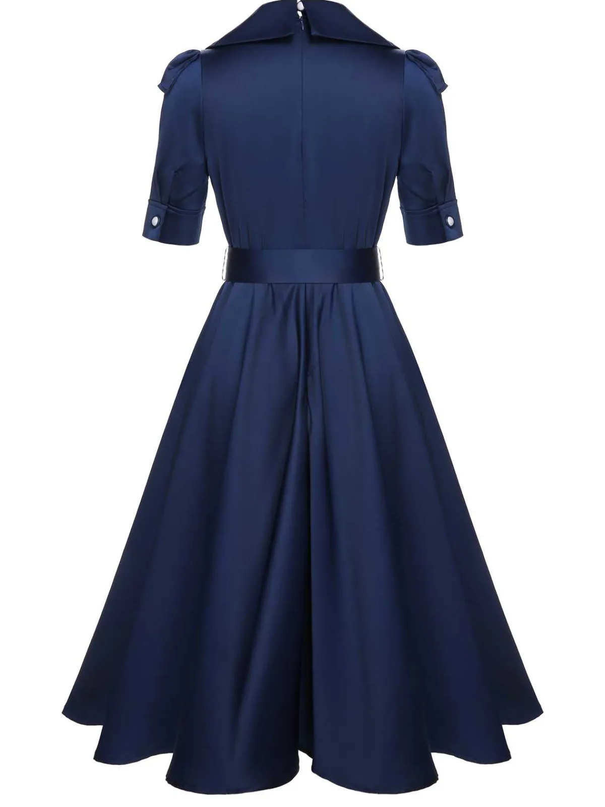 Discount Retro Stage 1940s Solid Short Sleeves Lapel Dress Blue