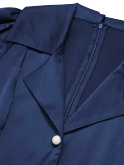 Discount Retro Stage 1940s Solid Short Sleeves Lapel Dress Blue
