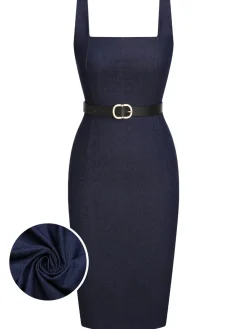 Sale Retro Stage 1960s Solid Square Neck Cowboy Dress Blue