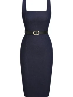 Sale Retro Stage 1960s Solid Square Neck Cowboy Dress Blue