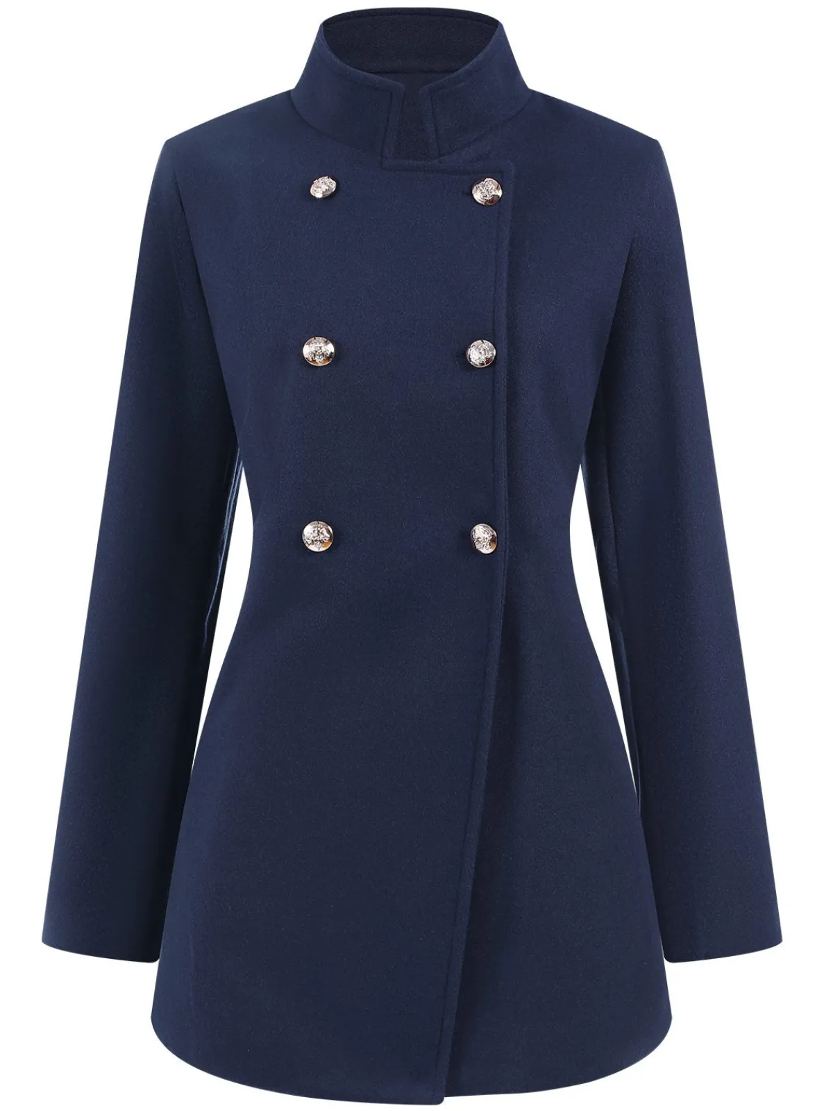 Clearance Retro Stage Blue 1940s Solid Stand Collar Double Breasted Coat Dark Blue