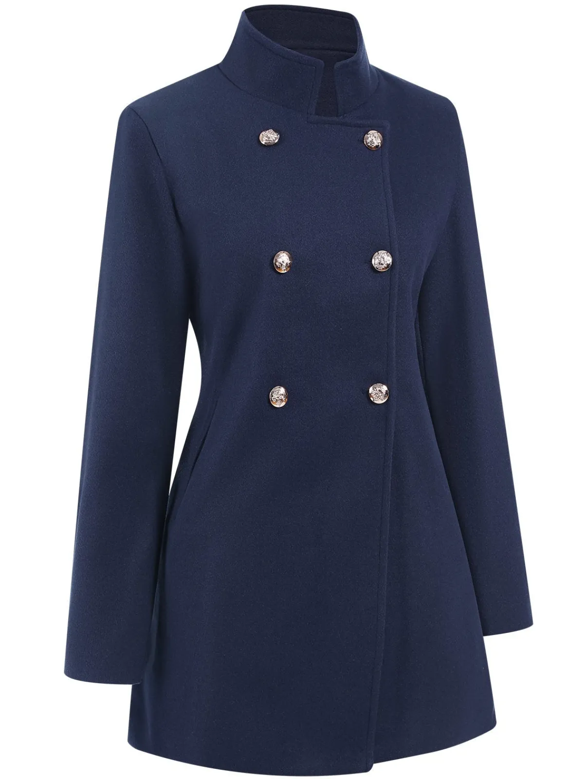 Clearance Retro Stage Blue 1940s Solid Stand Collar Double Breasted Coat Dark Blue