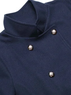 Clearance Retro Stage Blue 1940s Solid Stand Collar Double Breasted Coat Dark Blue