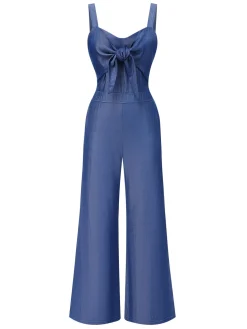 New Retro Stage 1930s Solid Tencel Denim Knotted Jumpsuit Blue