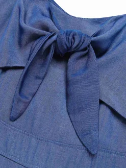 New Retro Stage 1930s Solid Tencel Denim Knotted Jumpsuit Blue