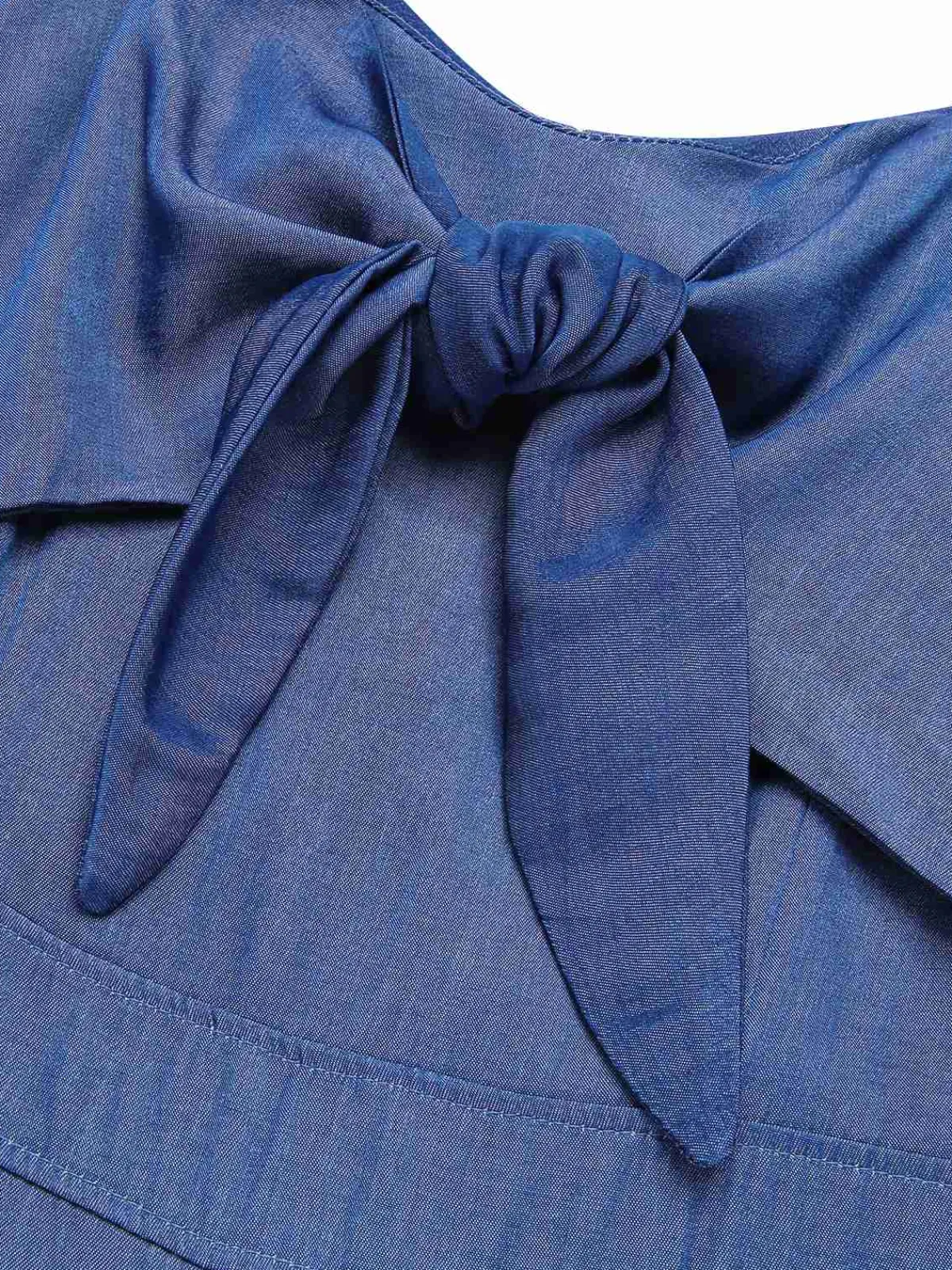 New Retro Stage 1930s Solid Tencel Denim Knotted Jumpsuit Blue