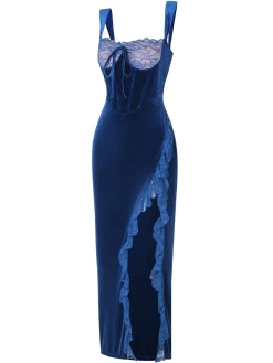 Online Retro Stage 1930s Solid Velvet Lace Dress Blue