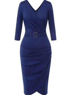 Online Retro Stage 1940s Solid V-Neck Dress with Belt Blue