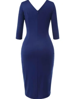 Online Retro Stage 1940s Solid V-Neck Dress with Belt Blue