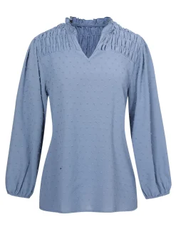 Best Retro Stage Blue 1940s Solid V-Neck Swiss Dot Blouse Sky Blue