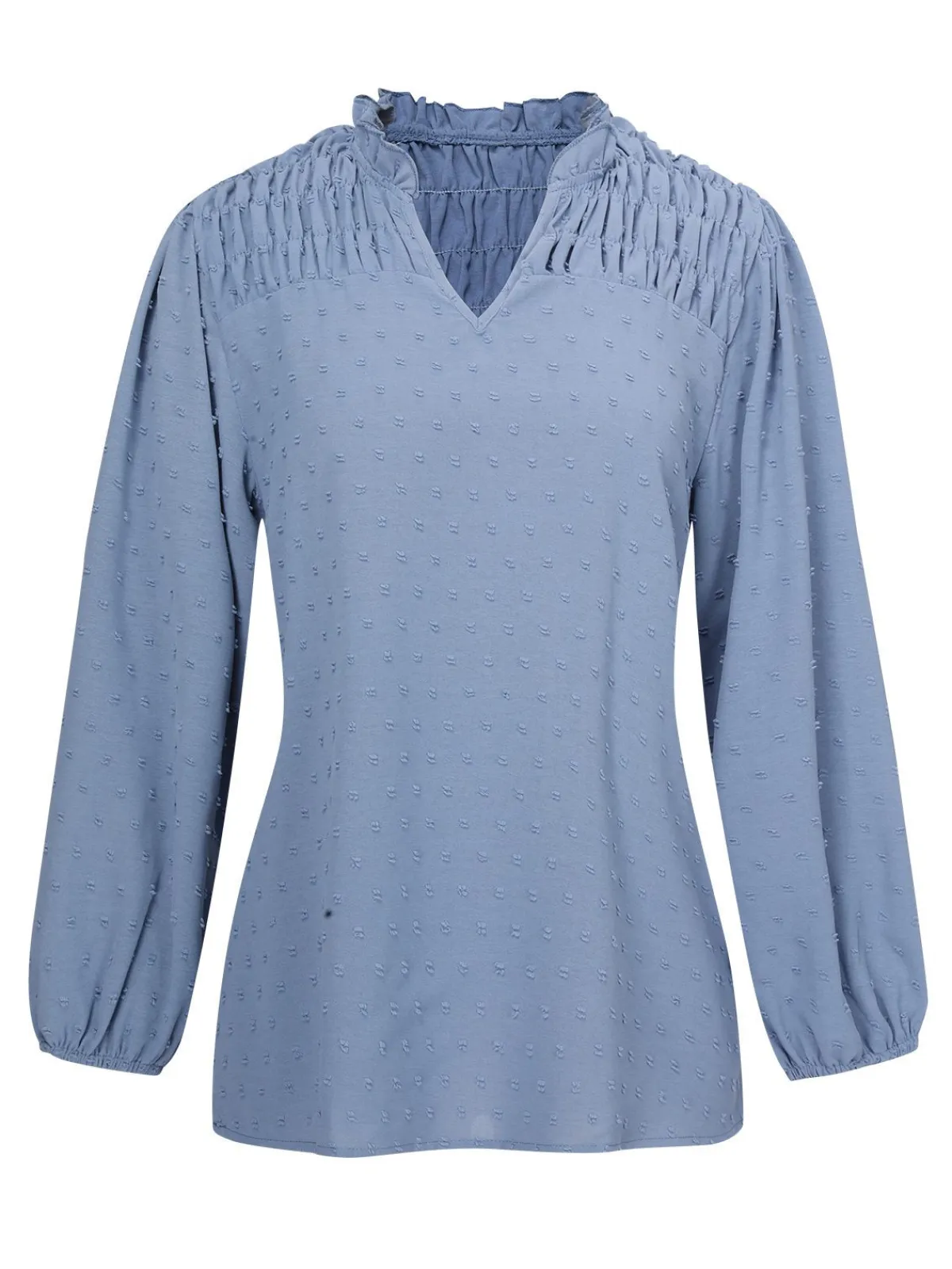 Best Retro Stage Blue 1940s Solid V-Neck Swiss Dot Blouse Sky Blue