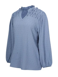Best Retro Stage Blue 1940s Solid V-Neck Swiss Dot Blouse Sky Blue